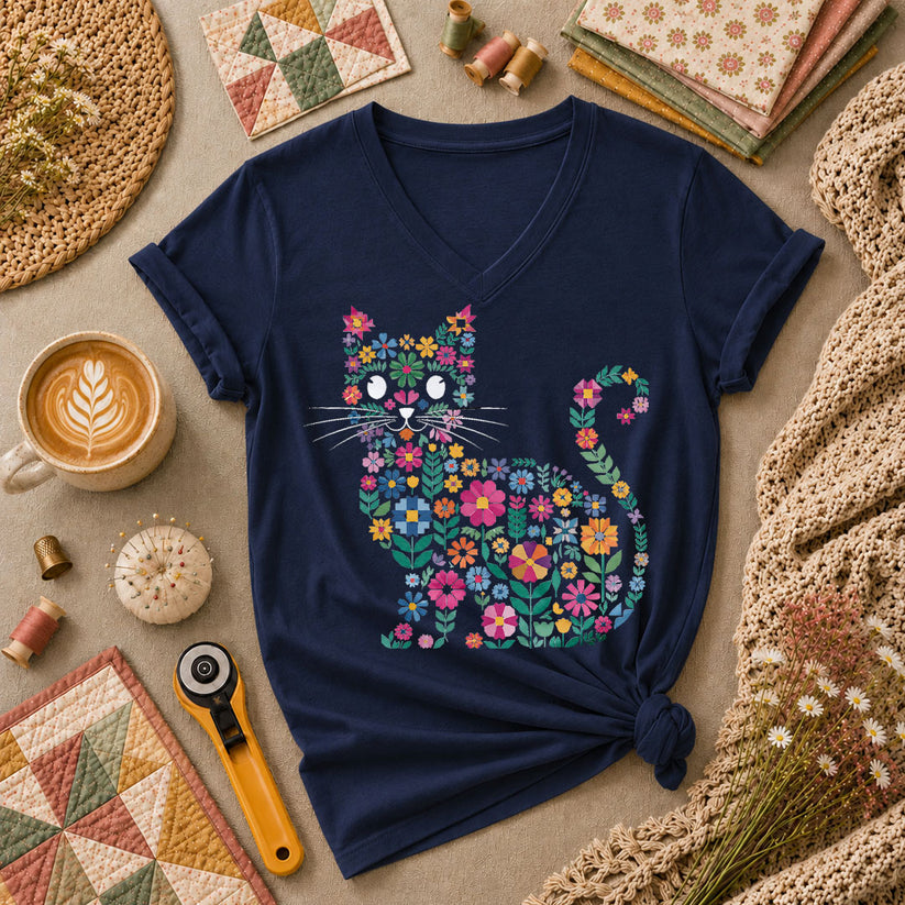 Floral Cat Silhouette - Navy