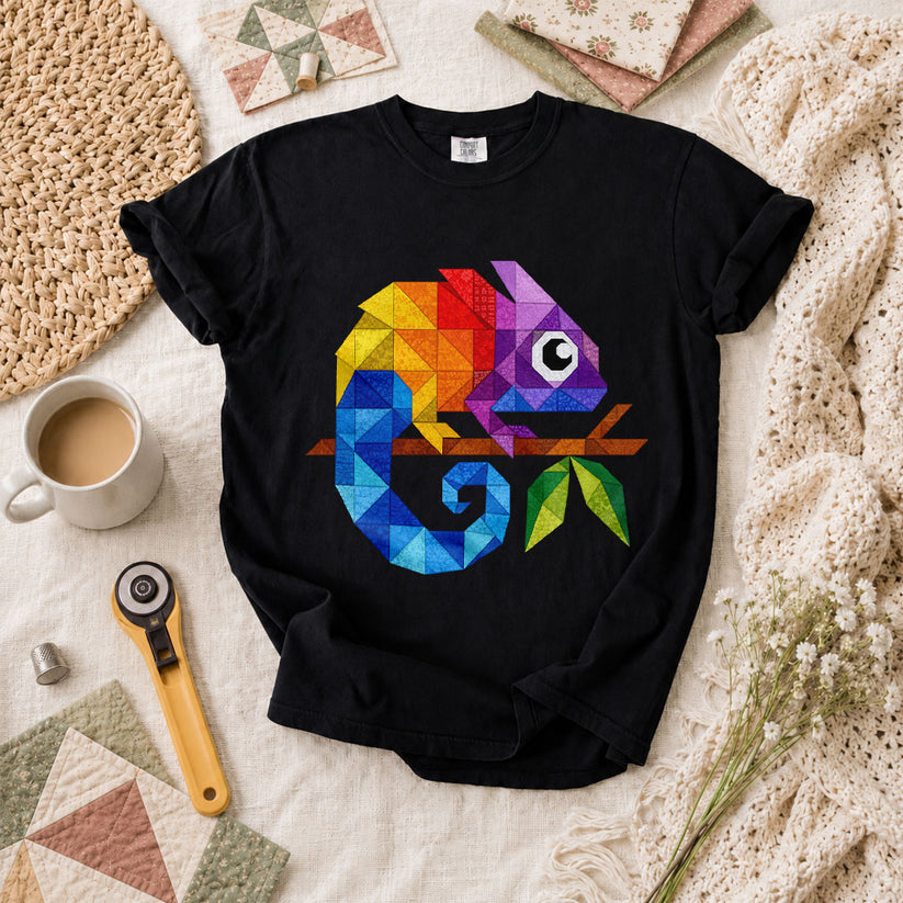 Geometric Chameleon Rainbow T-Shirt - Black