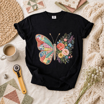 Patchwork Butterfly Wildflowers T-Shirt - Black
