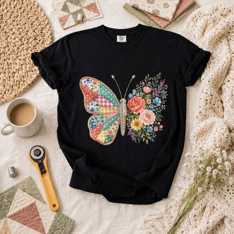 Patchwork Butterfly Wildflowers T-Shirt - Black