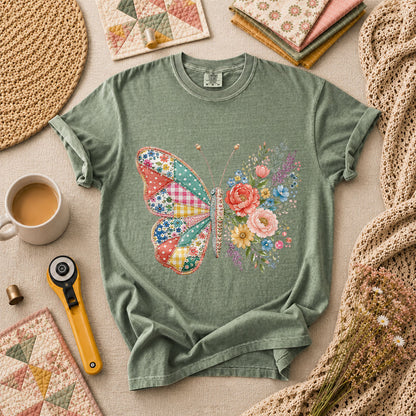 Patchwork Butterfly Wildflowers T-Shirt - Forest