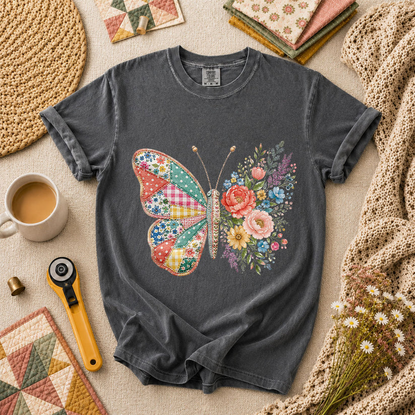 Patchwork Butterfly Wildflowers T-Shirt - Grey