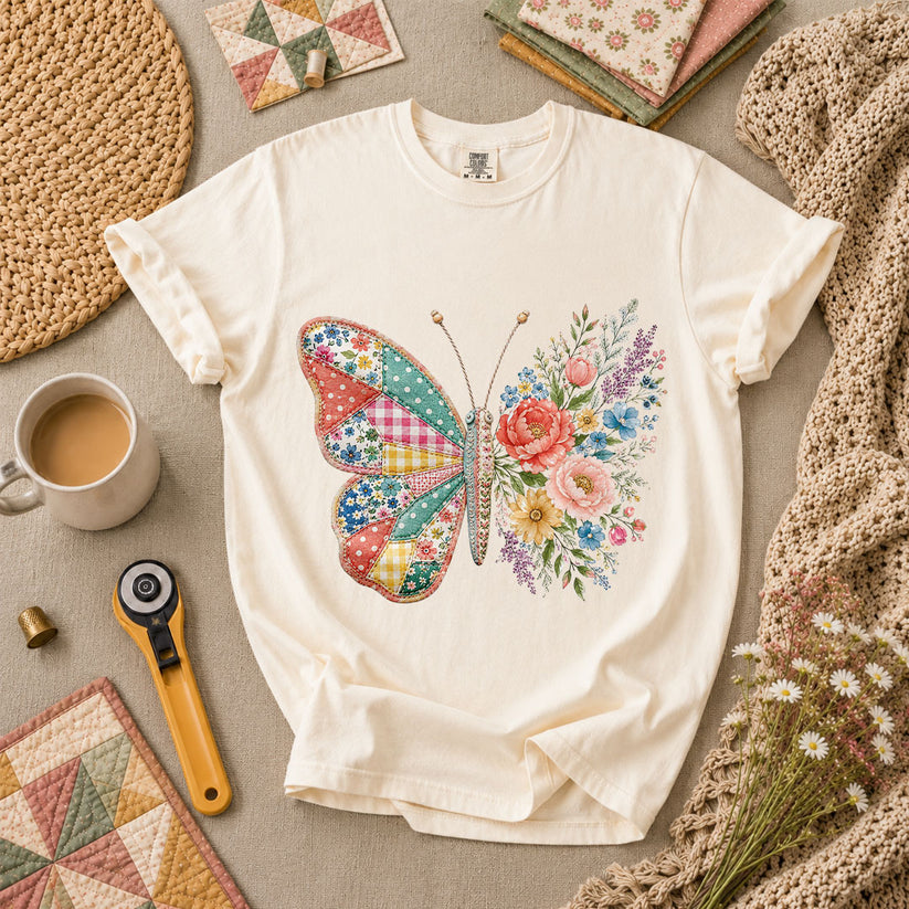 Patchwork Butterfly Wildflowers T-Shirt - Ivory