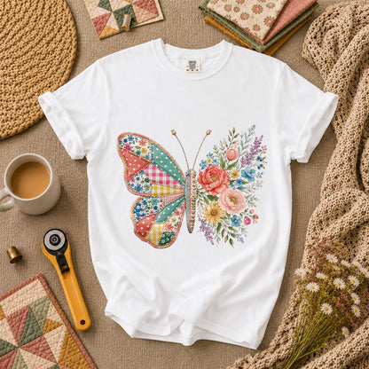 Patchwork Butterfly Wildflowers T-Shirt - White