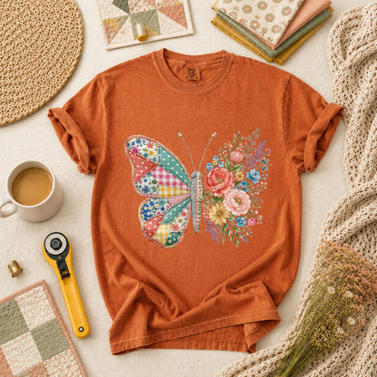 Patchwork Butterfly Wildflowers T-Shirt - Yam