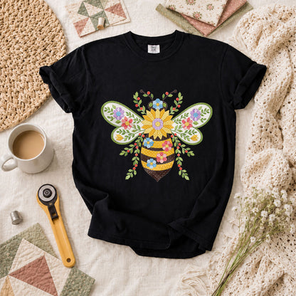 Quilted Honeybee Floral T-Shirt - Black
