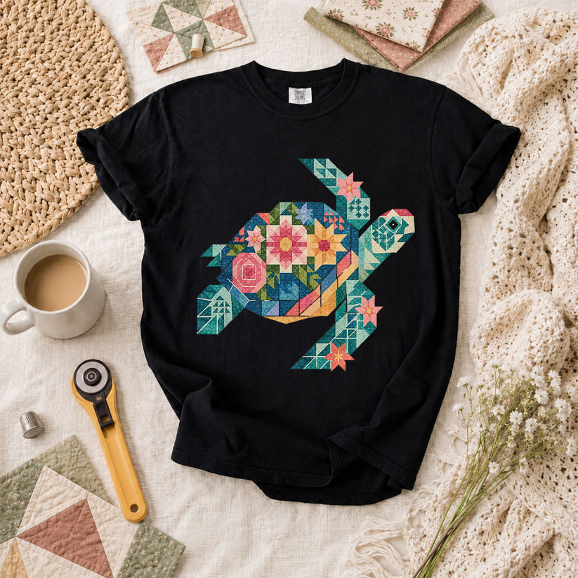 Sea Turtle Patchwork Floral T-Shirt - Black