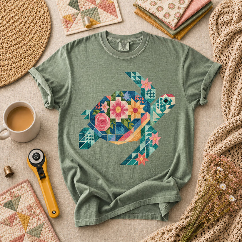 Sea Turtle Patchwork Floral T-Shirt - Forest