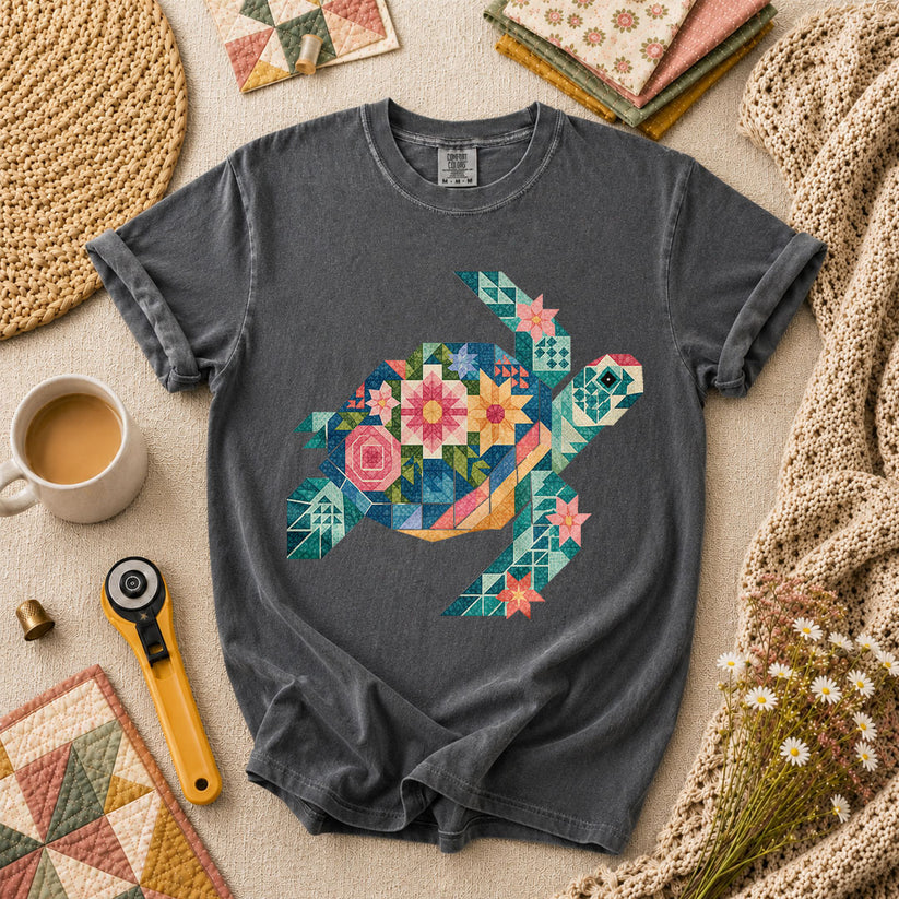 Sea Turtle Patchwork Floral T-Shirt - Grey