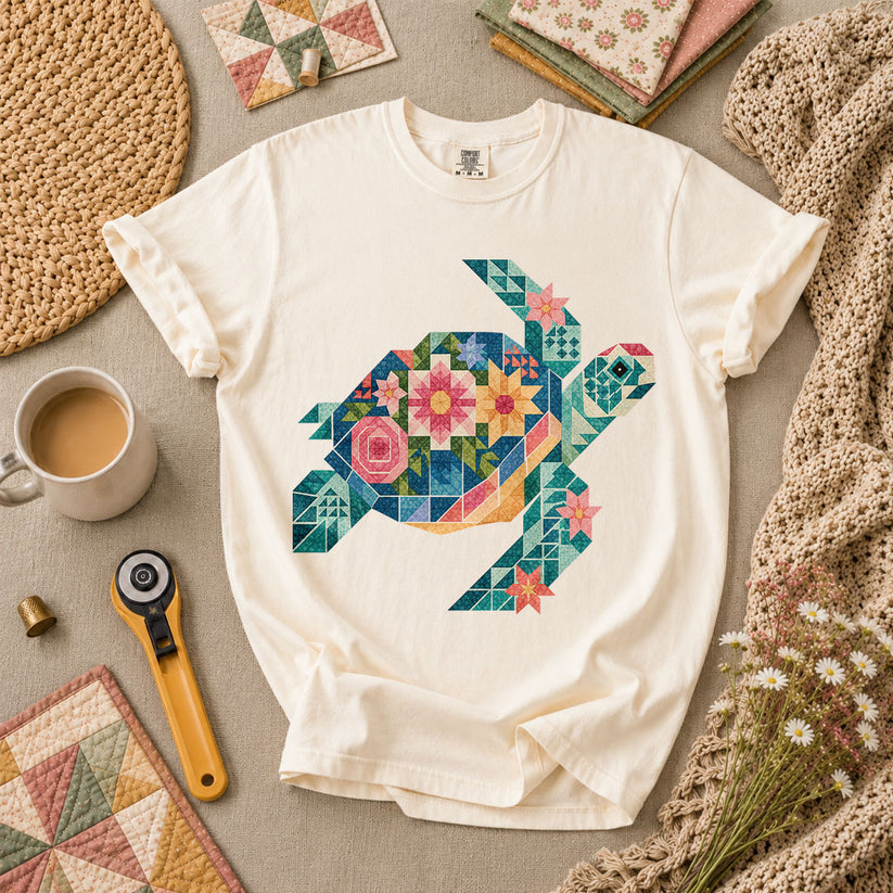 Sea Turtle Patchwork Floral T-Shirt - Ivory