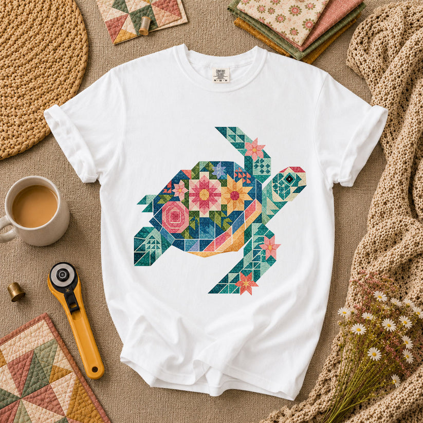 Sea Turtle Patchwork Floral T-Shirt - White