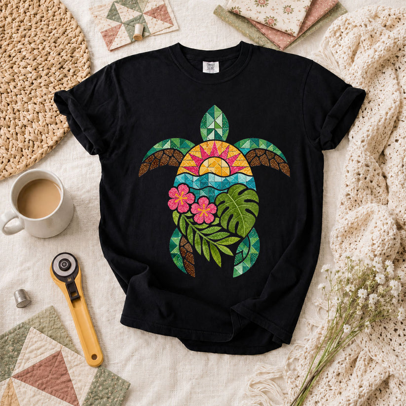 Sea Turtle Tropical Floral T-Shirt - Black