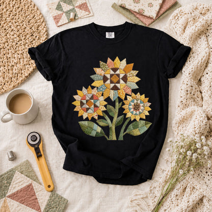 Vintage Sunflower Trio Quilt T-Shirt - Black