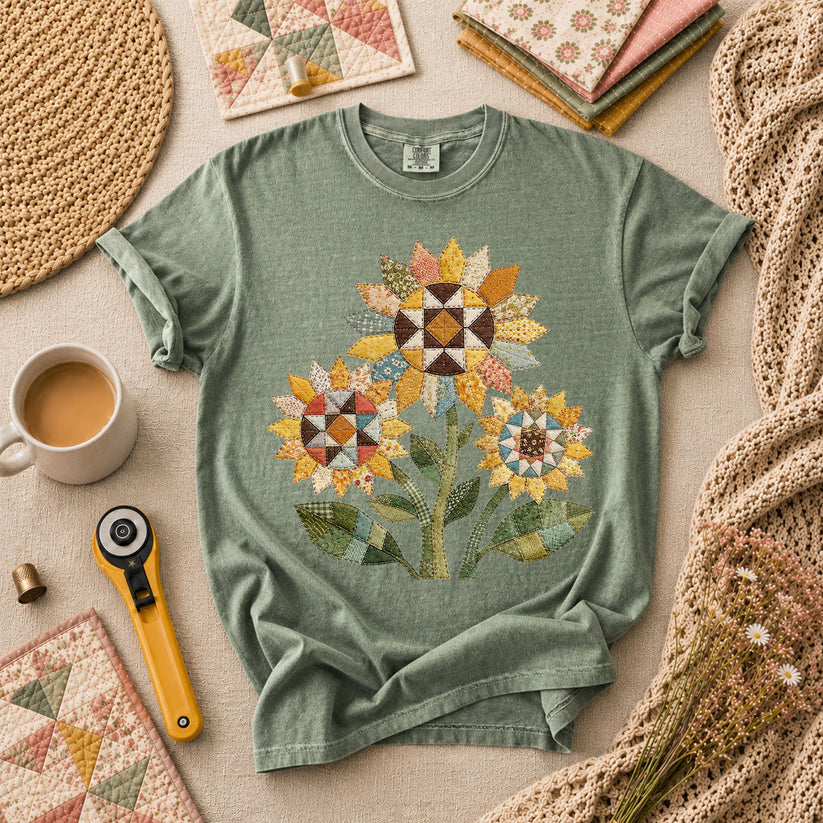 Vintage Sunflower Trio Quilt T-Shirt - Forest