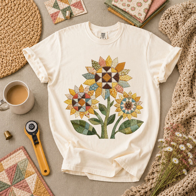 Vintage Sunflower Trio Quilt T-Shirt - Ivory