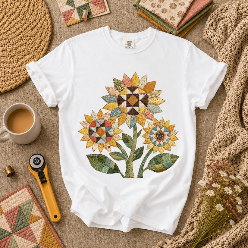 Vintage Sunflower Trio Quilt T-Shirt - White