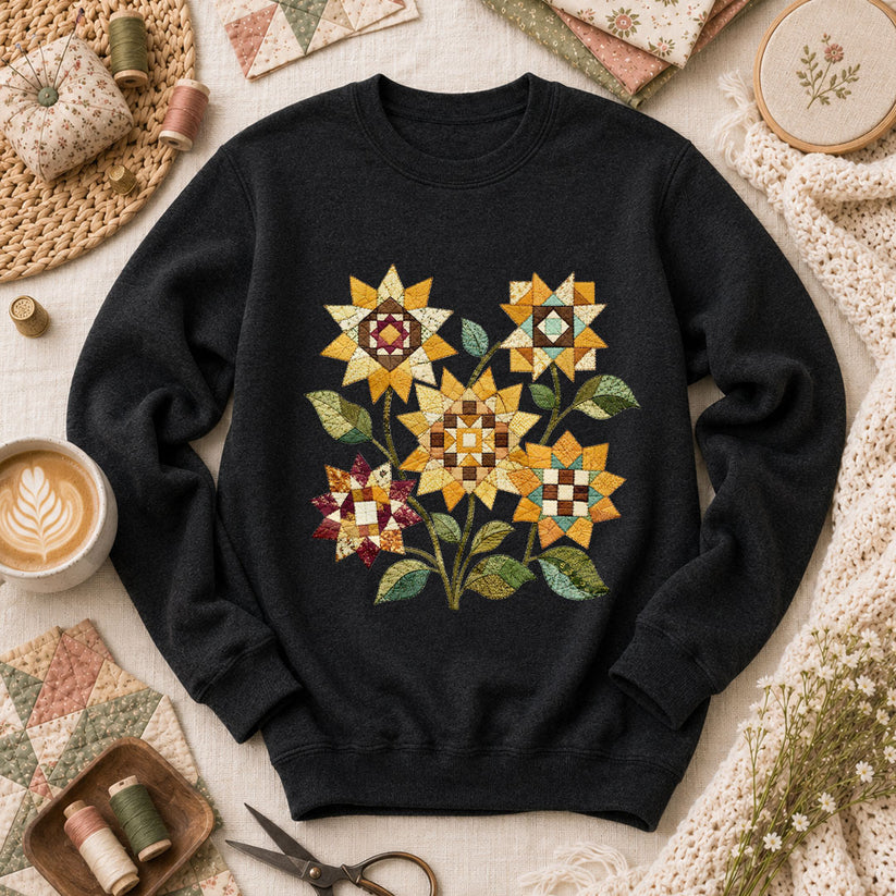 Vintage Autumn Sunflowers Quilt - Black