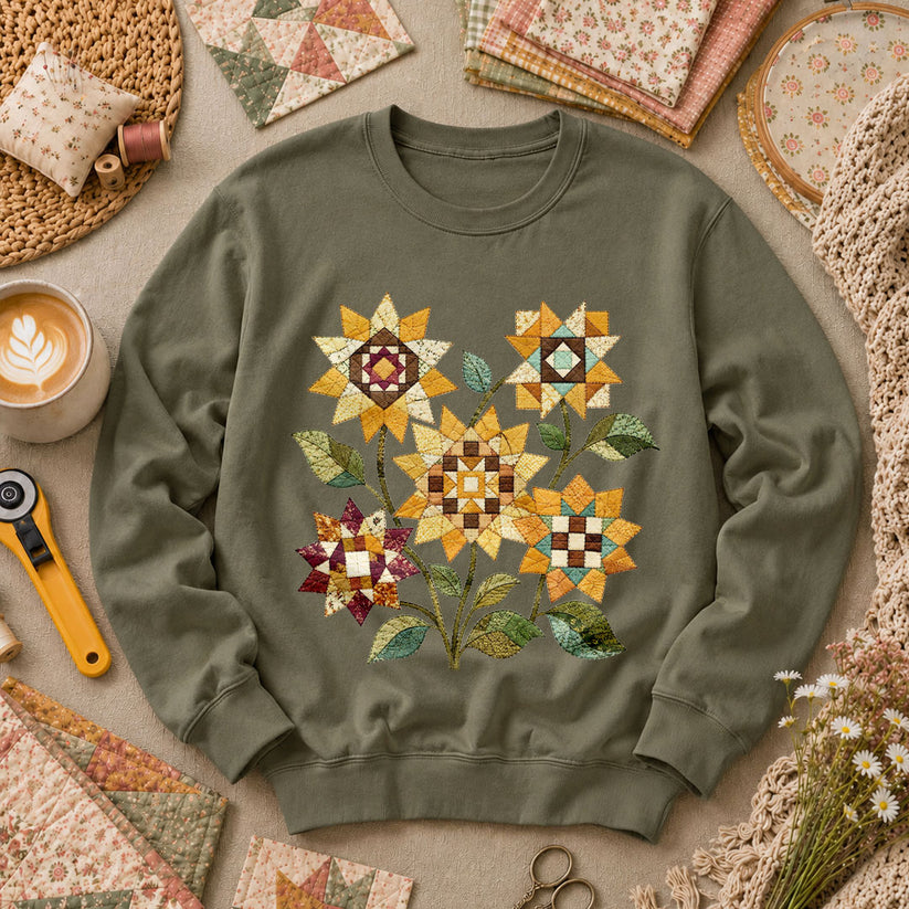 Vintage Autumn Sunflowers Quilt - Military Green