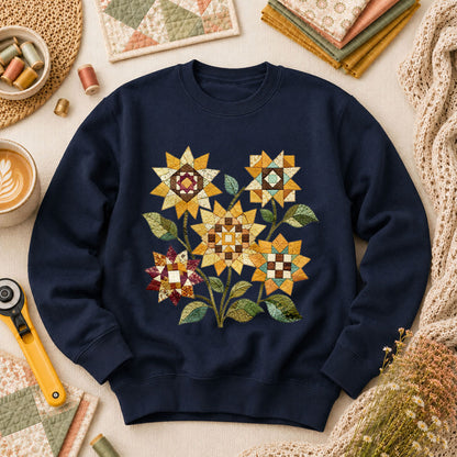 Vintage Autumn Sunflowers Quilt - Navy