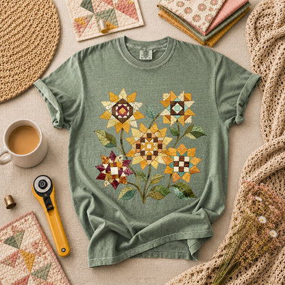 Vintage Autumn Sunflowers Quilt T-Shirt - Forest