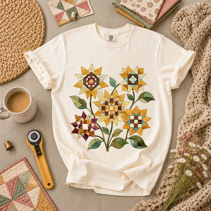 Vintage Autumn Sunflowers Quilt T-Shirt - Ivory