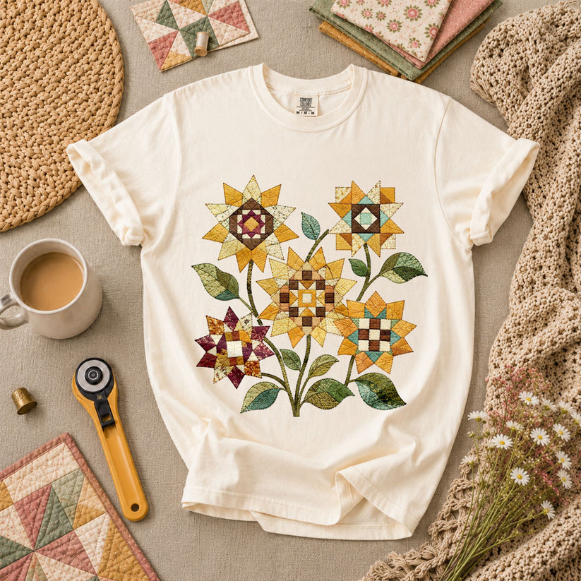Vintage Autumn Sunflowers Quilt T-Shirt - Ivory