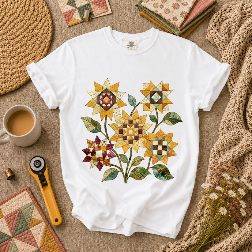 Vintage Autumn Sunflowers Quilt T-Shirt - White