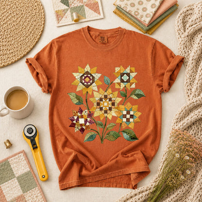 Vintage Autumn Sunflowers Quilt T-Shirt - Yam