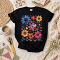 Vibrant Patchwork Wildflowers T-Shirt | Colorful Mixed Bloom Quilted Flowers Quilter Tee