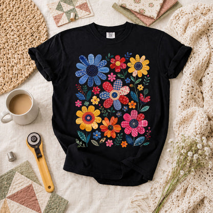Vibrant Patchwork Wildflowers T-Shirt - Black