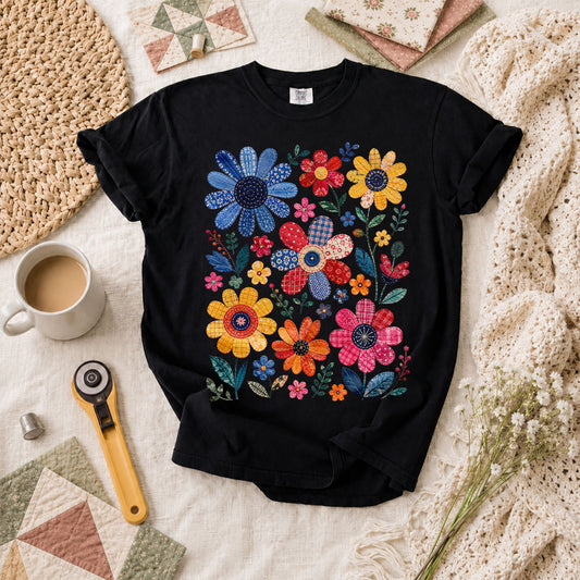 Vibrant Patchwork Wildflowers T-Shirt - Black