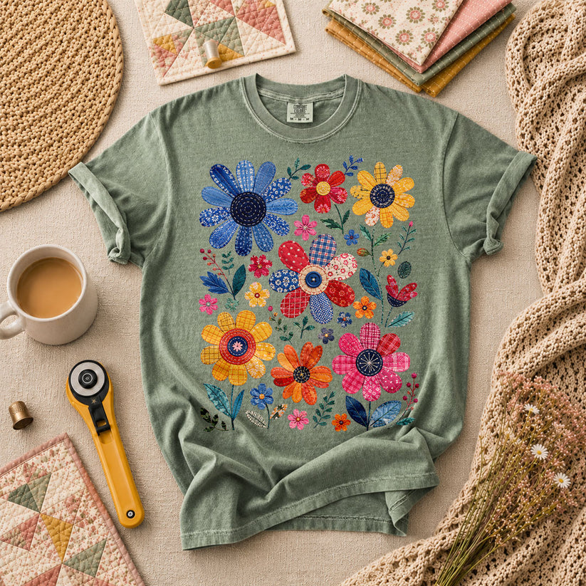 Vibrant Patchwork Wildflowers T-Shirt - Forest