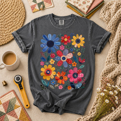 Vibrant Patchwork Wildflowers T-Shirt - Grey