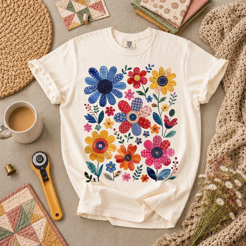 Vibrant Patchwork Wildflowers T-Shirt - Ivory