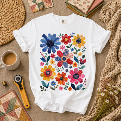 Vibrant Patchwork Wildflowers T-Shirt - White