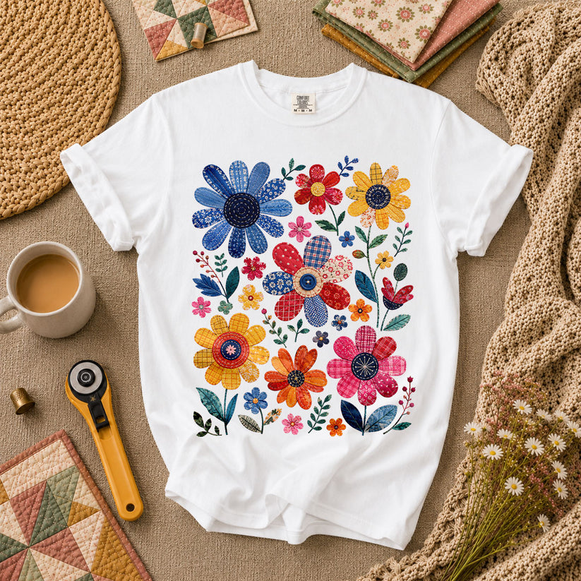 Vibrant Patchwork Wildflowers T-Shirt - White
