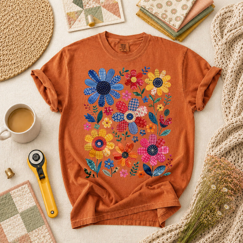 Vibrant Patchwork Wildflowers T-Shirt - Yam