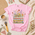 Wildflower Bouquet Quilt Stack T-Shirt | Pastel Blooms Growing From Fabric Stack Quilter Tee