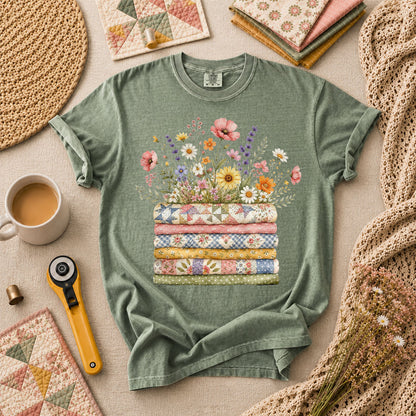 Wildflower Bouquet Quilt Stack T-Shirt - Forest