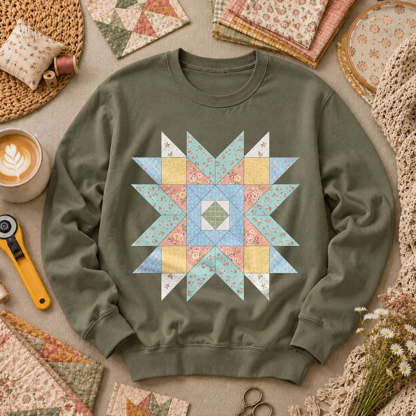 Pastel Star Quilt Block - Military Green