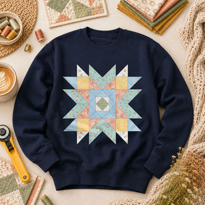 Pastel Star Quilt Block - Navy