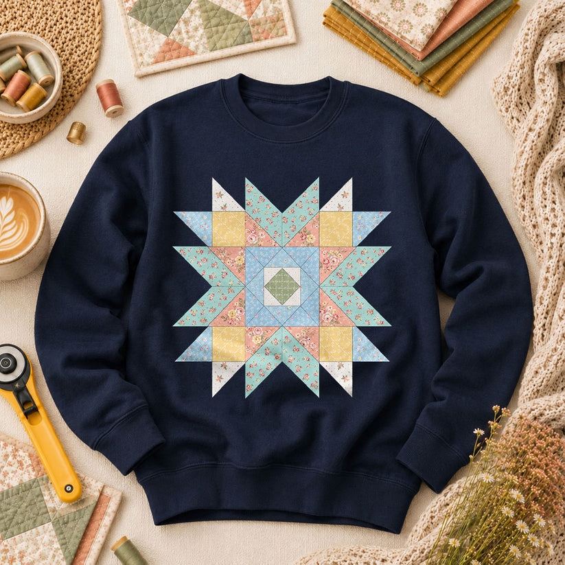Pastel Star Quilt Block - Navy