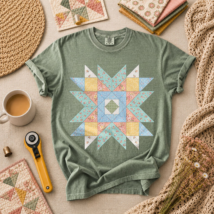 Pastel Star Quilt Block T-Shirt - Forest