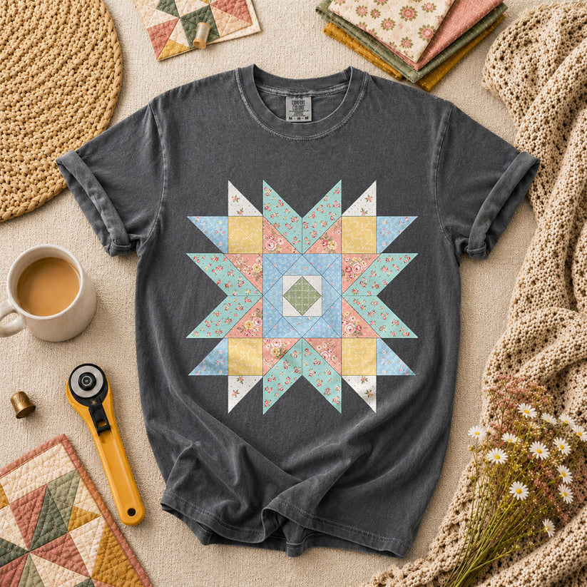 Pastel Star Quilt Block T-Shirt - Grey