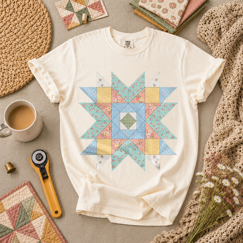 Pastel Star Quilt Block T-Shirt - Ivory