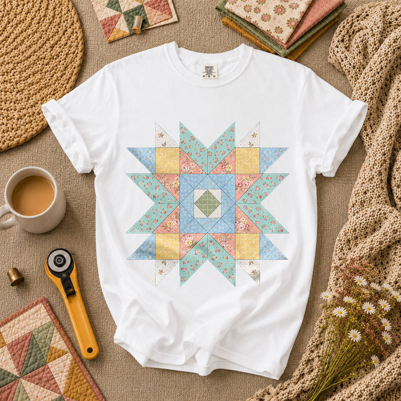 Pastel Star Quilt Block T-Shirt - White