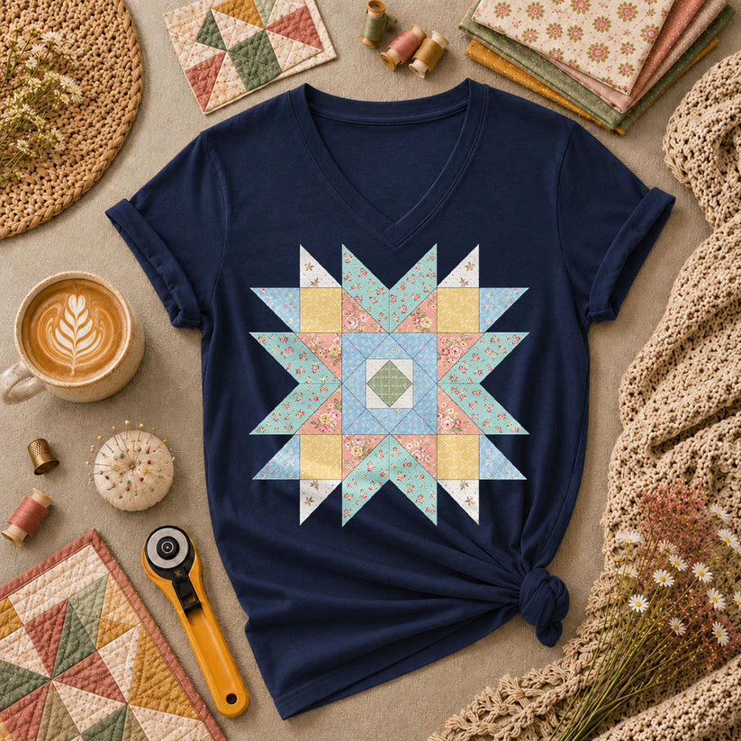 Pastel Star Quilt Block - Navy