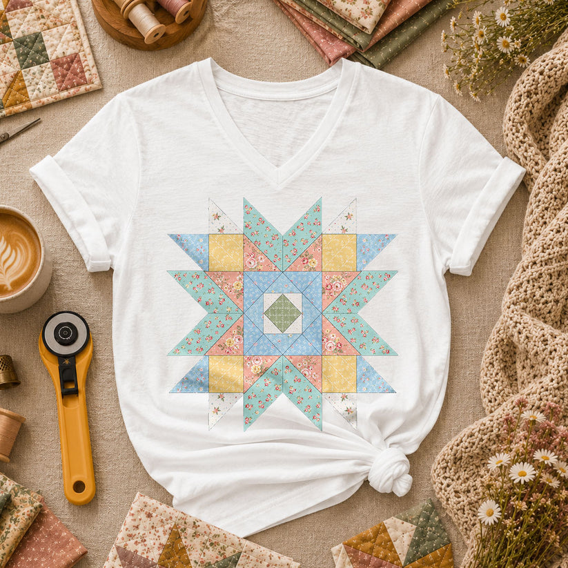 Pastel Star Quilt Block - White
