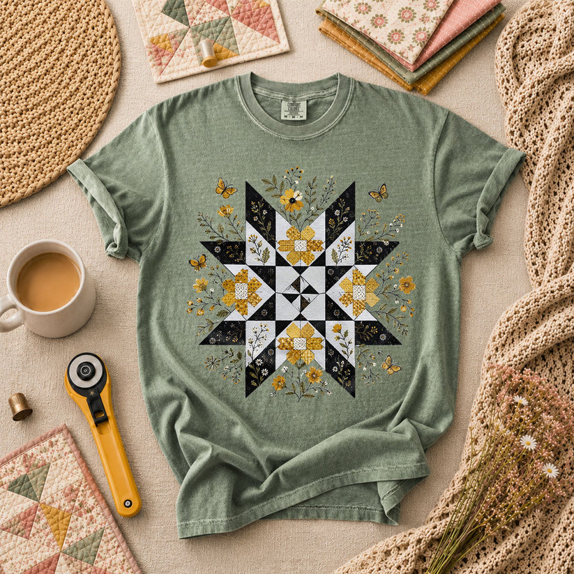 Sunflower Quilt Star Butterflies T-Shirt - Forest
