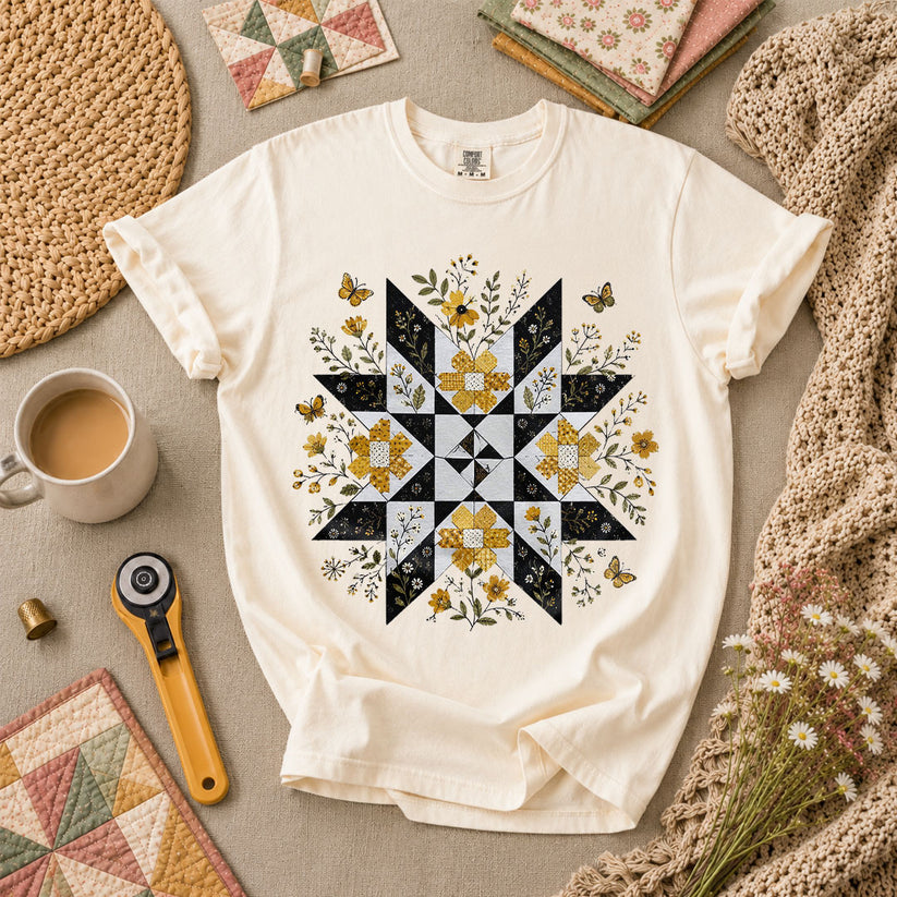 Sunflower Quilt Star Butterflies T-Shirt - Ivory